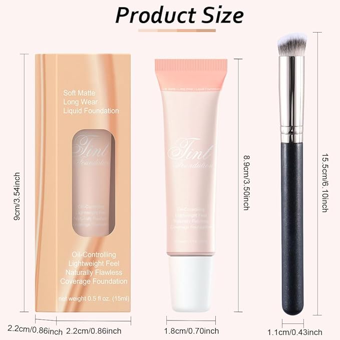 2 Pack Liquid Foundation Cream with Foundation Brush for Face Makeup,Durable Full Coverage Matte Concealer Make Up,Oil Control & Waterproof Base Primer -1 Fl.Oz (#01)