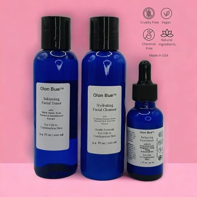 Daily Balancing Skincare Set (3 Pcs) Gift Set, Cleanser, Toner, Serum, Hyaluronic Acid, RoseExtract, Acne Prone Skin Soothing, Regenerating, Hydrating, Anti Aging Skin Care Routine, Vegan