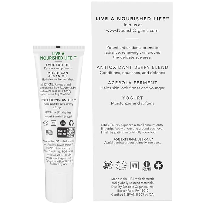 Nourish Organic Eye Treatment, Avocado & Argan – Renewing & Hydrating Under Eye Brightener with Vitamin C + Washable Cotton Round