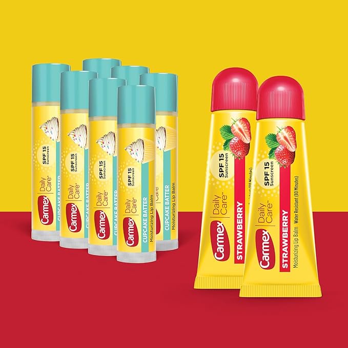 Carmex Daily Care Moisturizing Lip Balm Pack, SPF 15, Strawberry & Cupcake Batter Flavor Variety Pack Bag, 9 Count (7 Sticks, 2 Tubes)