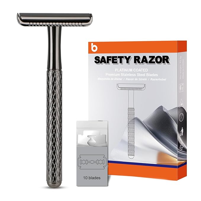 Shiny Gun Black Double Edge Safety Razor, Single Blade Razors for Men and Women, with 10 Stainless Steel Safety Razor Blades, Reusable, Smooth and Close Wet Shaving Kit, Plastic Free
