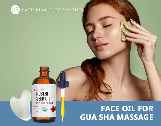 Kate Blanc Cosmetics Rosehip Oil for Face with Stainless Gua Sha (1oz, Organic, Pure, Cold Pressed) Rosehip Seed Face Oil for Gua Sha Massage
