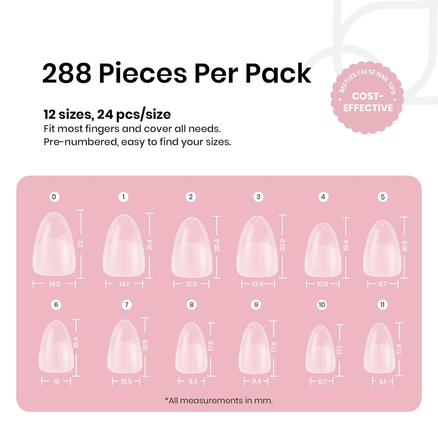 Beetles Short Almond Nail Tips - 288PCS 12 Sizes Full Matte Cover Pre-Etched & Pre-Shaped False Nails Soft Gel Nail Tips Acrylic Nail Tips Nail Extension Tips for Gel Polish DIY Manicure