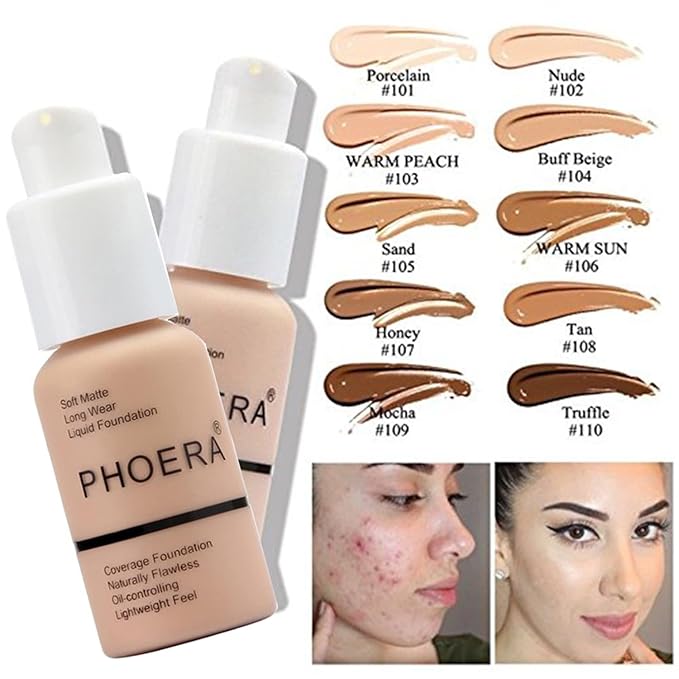 PHOERA Foundation,Mushroom Head Air Cushion CC Cream Natural Foundation,PHOERA Makeup Foundation Full Coverage,Phoera Face Primer, Foundation Brush (102Nude + 02Natural CC)