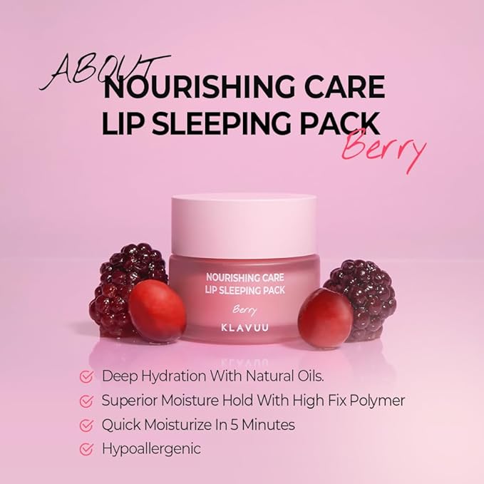 Klavuu Nourishing Care Lip Sleeping Pack(Berry & Berry) - Overnight Exfoliating & Nourishing Lip Treatment Balm for Dry Lips - Natural Moisturizing Lip Oil - Lip Balm to Repair & Protect Lips