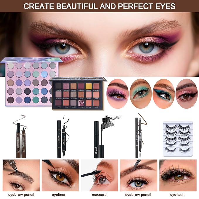 All in One Makeup Kit for Women Full Kit,Travel Makeup Set,Makeup Gift Set for Girls & Teen,Professional Makeup Kit Includes lash Clusters Kit Eyeshadow Lipstick Brow Pencil Eyeliner Brush Set