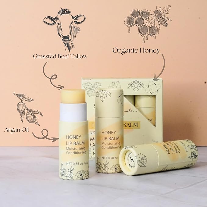 Natural Honey Lip Balm - 100%-grassfed Beef Tallow Chapstick, Organic Raw Honey & Argan Oil - Ultra Moisturizing, Conditioning, No Paraffin, Non Toxic, all Natural - 3 Pack (3x0.28 oz) Untinted