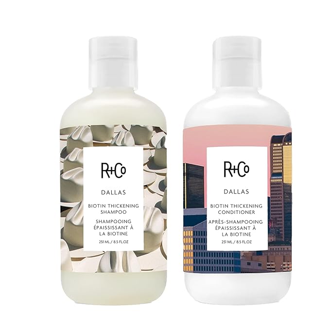 R+Co Dallas Biotin Hair Thickening Shampoo and Conditioner Set (8.5 Oz) + Deluxe Sample (.5 Oz) | For Hair Growth | Sulfate-Free | Vegan + Cruelty-Free |