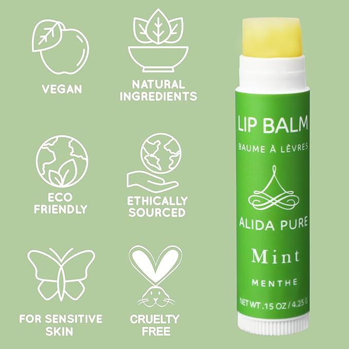 ALIDA PURE Mint Lip Balm Collection, Vegan Lip Balm, Beeswax Free, with Avocado Oil, Organic Jojoba Oil, and Vitamin E, for Dry, Chapped, or Cracked Lips, 3 Tube Set