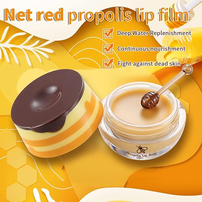 4PCS Nourishing Bee Lip Balm Honey Pot, Honey & Strawberry Lip Mask Moisturizing Lip Balm with Brush, Hydrating & Prevention Dry and Cracked Lips Reduces Lip Lines Lip Care Product