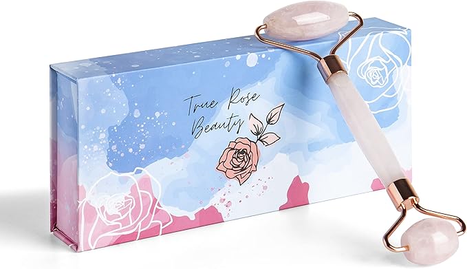 Rose Quartz Roller for Face - Facial Massage Tool for Natural Beauty Skin Care - Pink Face Roller Reduces Dark Eye Circles and Puffiness with 100% Authentic Quartz Crystal
