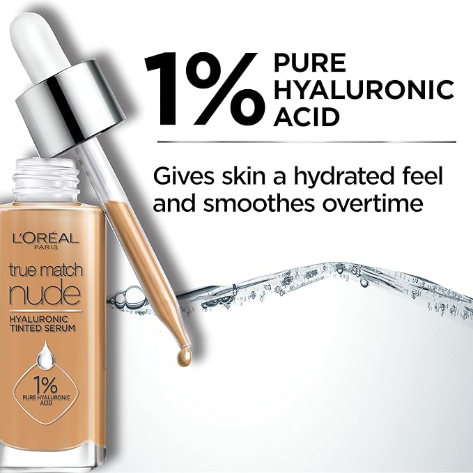 L'Oreal Paris True Match Nude Hyaluronic Tinted Serum Foundation with 1% Hyaluronic acid, Deep 8-10, 1 fl. oz.