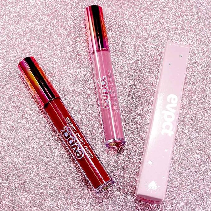 evpct 2Pcs Mauve & Dark Red Matte to Glitter Liquid Lipstick Set Kit for Women Long Lasting Glossy Metallic Shimmer Sparkle Lipstick Lip Gloss 01+04