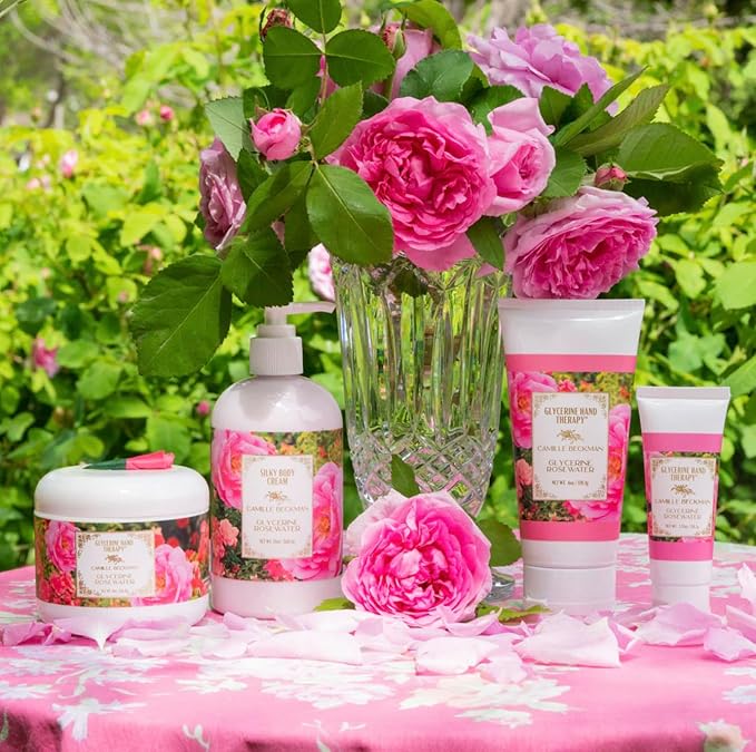 Camille Beckman Essentials Gift Basket, Glycerine Rosewater, Glycerine Hand Therapy 6 oz, Silky Body Cream 13 oz, Hand and Shower Cleansing Gel 13 oz, Glycerine Soap 3.5 oz