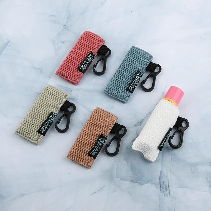 Beautyflier Keychain, Lip Balm Holder for Burts Bees Chapstick - 5pcs, Elastic, Stylish, Unique Designs, Attractive Color, Clip On, Lightweight, Red, Blue, Pink