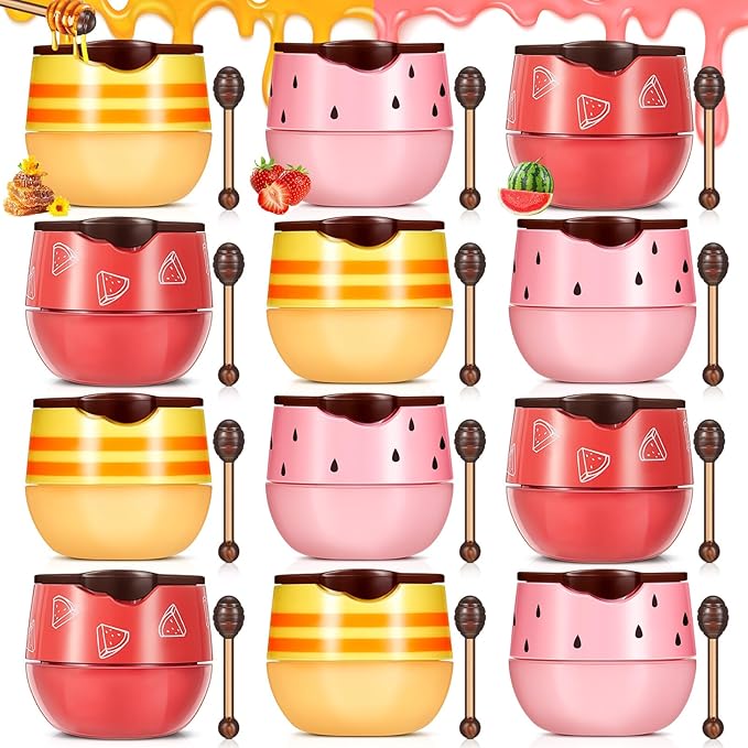 12 Pcs Bee Lip Balm Honey Pot with Brush Propolis Lip Mask Overnight, Moisturizing Hydrating Lip Sleeping Mask Prevention Dry and Cracked(Honey+Strawberry+Watermelon)
