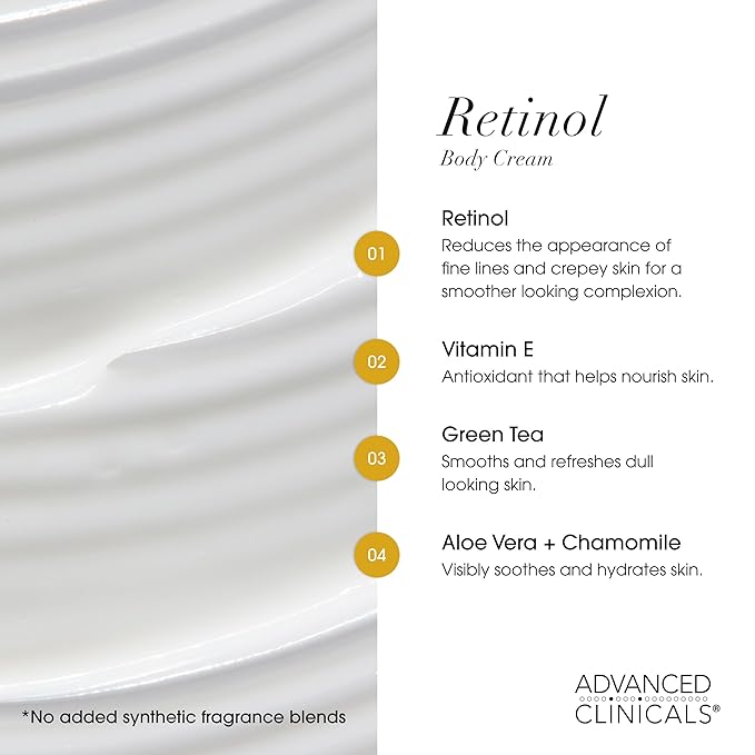 Advanced Clinicals Retinol Body Lotion Moisturizer Face Lotion & Body Cream | Crepey Skin Care Treatment Targets Look Of Crepe Skin, Wrinkles, Sagging Skin, & Sun Damaged Skin, 16 Oz