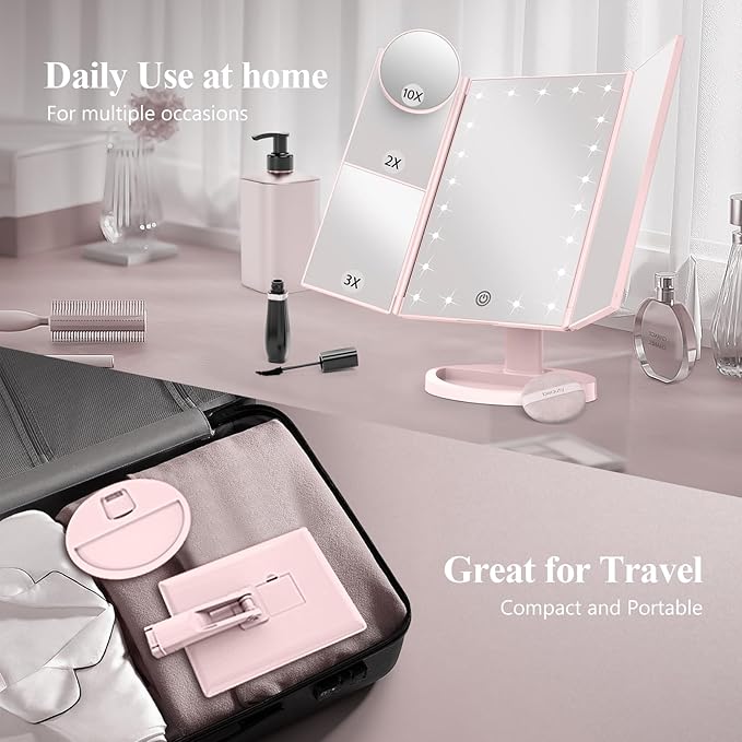 HUONUL Makeup Mirror Vanity with Lights, 2X 3X 10X Magnification, Lighted Mirror, Touch Control, Trifold Dual Power Supply, Portable LED Women Gift (Pink)