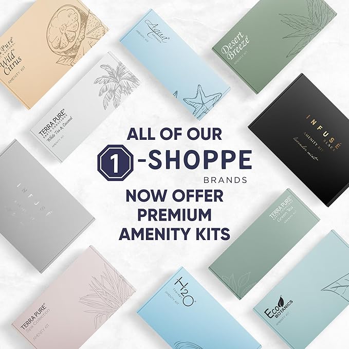 Terra Pure Spa Collection Amenity & Accessory Kit |1 oz Travel Size Shampoo, Conditioner, Lotion, Body Wash, 2 Soap Bars, Shave & Dental Sets, Make-Up Remover Wipes, & Vanity Kit | 1 set per case