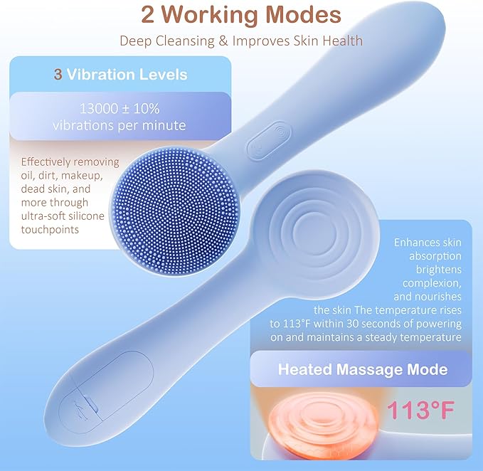 Facial Cleansing Brush Silicone Face Scrubber Waterproof Rechargeable Exfoliator Massage Device for Men & Women, Deep Pore Cleansing, Exfoliating, Removing Blackhead Electric Face Scrub Brush (Blue)
