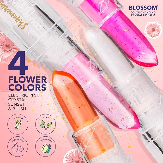 Blossom Moisturizing Color Changing Shimmering Lip Balm Sparkle Lip Stain Tint, Infused with Real Flowers, 3g, Crystal