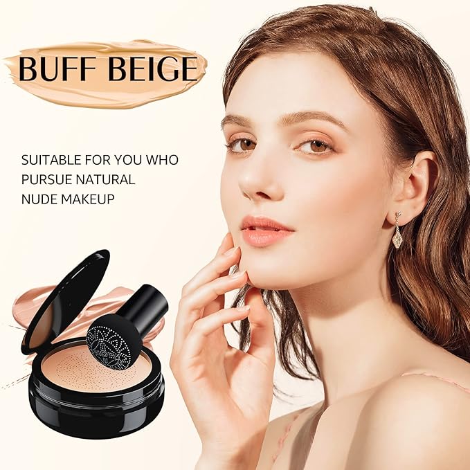 Mushroom Head Air Cushion CC Cream Foundation - Moisturizing & Long-Lasting BB Cream Concealer Makeup Base for All Skin Types, Brighten Long - Lasting Even Color Correcting Concealer (Buff Beige)