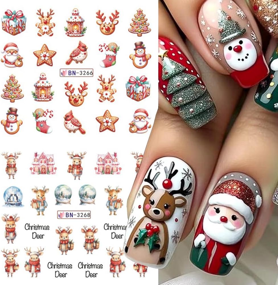 Christmas Nail Art Stickers Snowman Snowflake Water Transfer Nail Decals Xmas Winter Nail Art Decorations Cute Penguin Santa Claus Elk Gingerbread Man Gift Design Nail Foil Sticker for Women DIY Nails