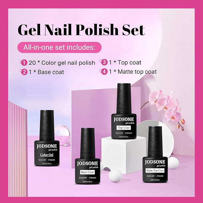 JODSONE 23 PCS Glitter Gel Polish with Soak off Base Coat Matte and Glossy Top Coat Glitter Red Pink Color High Shine and Fashion Gel Nail Polish Kit