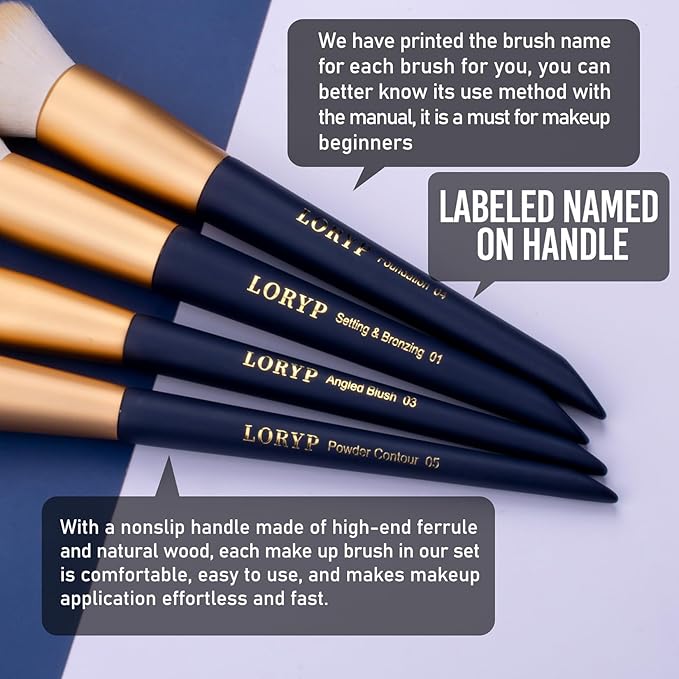 LORYP Makeup Brushes Set Labeled 18 Piece Face and Eye Brush Set Ultra soft hair Foundation, Concealer, Blush, Contour, Blending, Eyeshadow Blue Brush kit