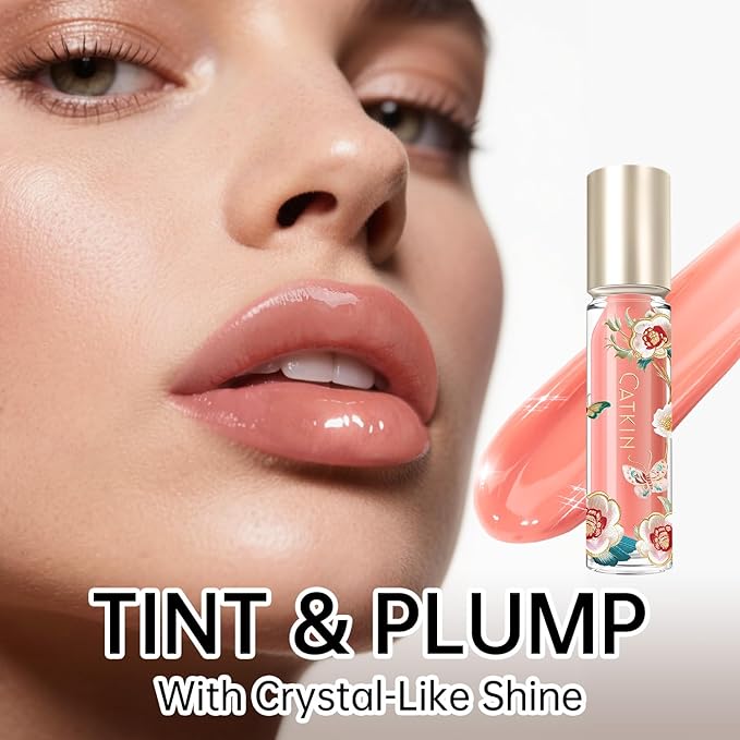 Catkin Lip Plumper Gloss, Tinted Lip Serum with Hyaluronic Acid & Jojoba Oil, Non-sticky Volumizing Hydrating Formula for a High Shine Maximum 3D Look, Plump & Soft Lips 0.12 Fl Oz - C02 Rose Diamond