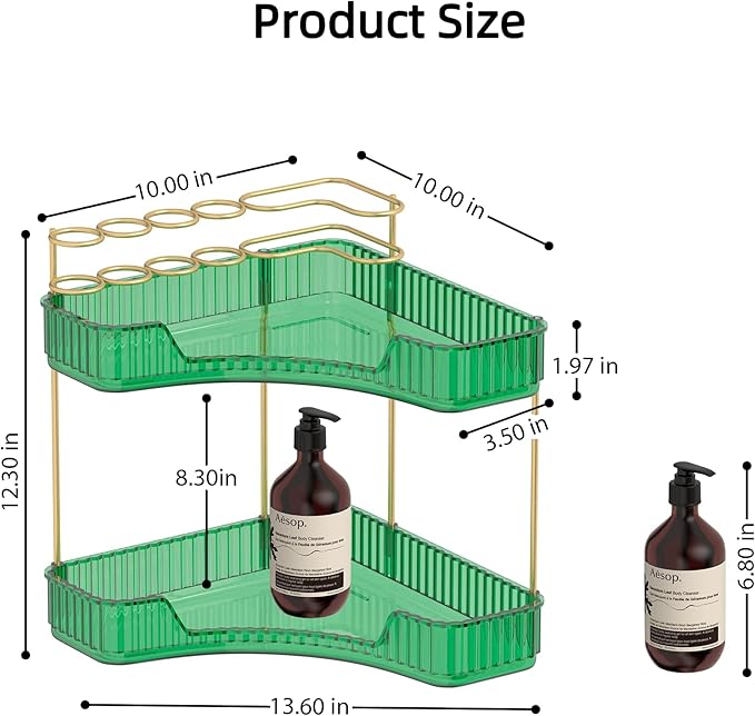 2 Tier Corner Bathroom Organizer Countertop, Vanity Makeup Organizer with Brush Holder, Space-Saving Skincare Storage Corner Shelf for Bathroom, Dressing Table, Kitchen
