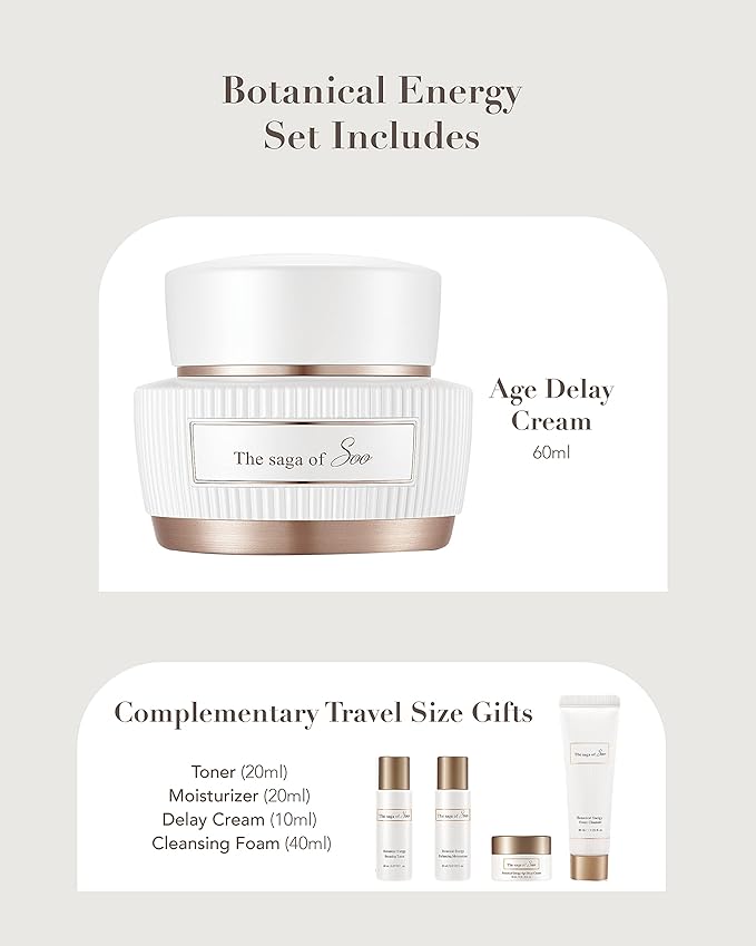 Sooryehan SAGA OF SOO BOTANICAL ENERGY AGE DELAY CREAM GIFT SET (150 ml / 5.07 Fl Oz) - Korean Skin Care by LG BEAUTY. Botanical Energy Cream, Boosting Toner, Balancing Moisturizer, Foam Cleanser.