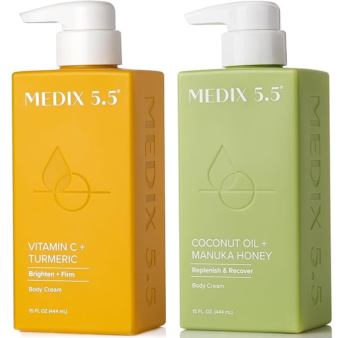 Medix 5.5 Brightening Vitamin C Cream + Coconut Oil Moisturizer Skin Care Set | Body Cream & Face Lotion Bundle | Firming Body Lotion Set For Women, Crepey Skin Treatment, Wrinkles, Cellulite, 2PC
