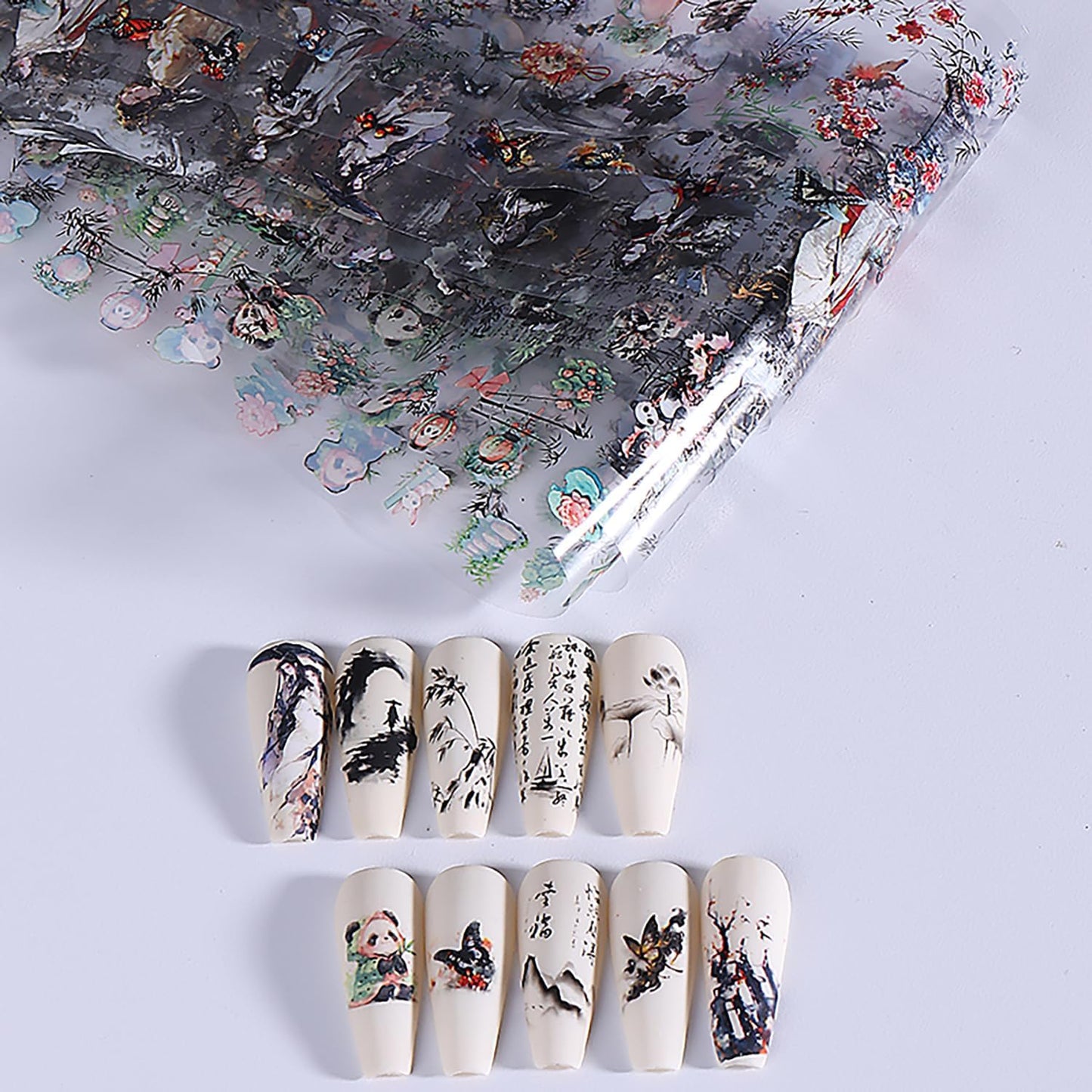 10 Rolls Nail Foils Transfer Nail Art, Chinese Style Nail Foil Transfer Stickers Self Adhesive Nail Art Supplies Decals Cute Panda Manicure Accessories Fall Winter Nail Decorations for Women