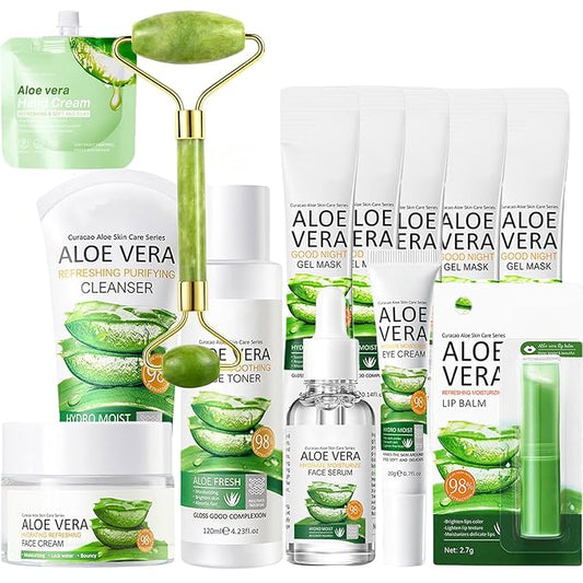 13Pcs Skin Care Products Set, Aloe Vera Skin Care Sets, Skin Care Gift Set for Women Girls, Skincare Routine Set, Face Care Kit for Dry Skin, Hydrating Moisturizer, Cleanser, Face Massage Roller