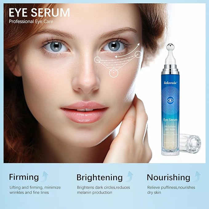 5% Caffeine Eye Serum with 360° Eye Massage Roller Eye Serum for Dark Circles & Relieve Puffiness, Reduce Wrinkles and Fine Lines, Eye Bags, Tighten Lifting Brightening Under Eye Cream-0.5 OZ