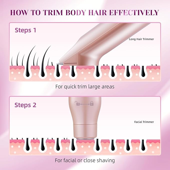 Bikini Trimmer for Women，3 in 1 Electric Razor with Ceramic Blades, IPX7 Waterproof, USB Rechargeable, Painless Hair Removal for Face，Body，Bikini Area, Travel Grooming Kit (Rose Gold)