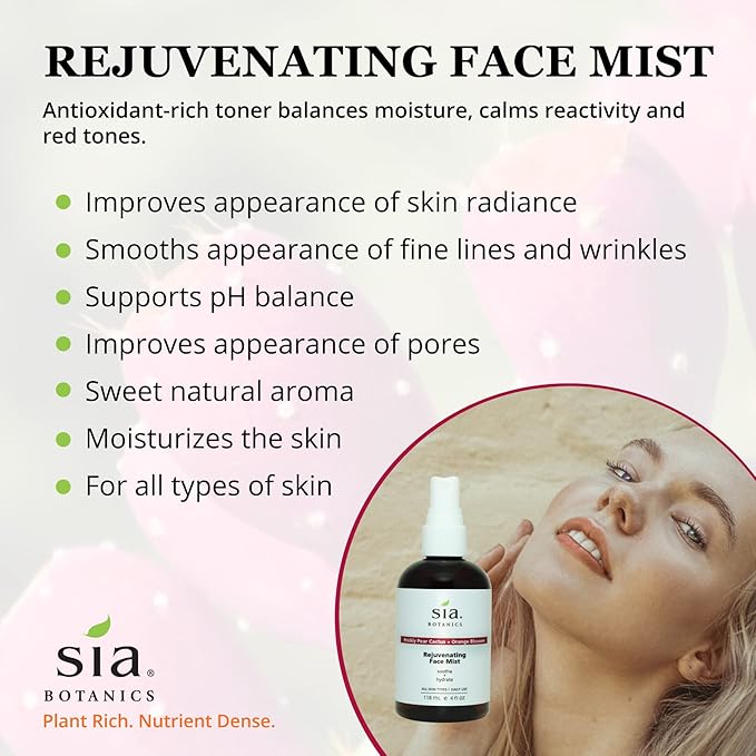 Rejuvenating Face Toner Mist (118ml/4oz Bottle) | Facial Treatment w/Prickly Pear, Aloe Vera, Orange Blossom | Natural, Clean, Botanical Skincare for Women