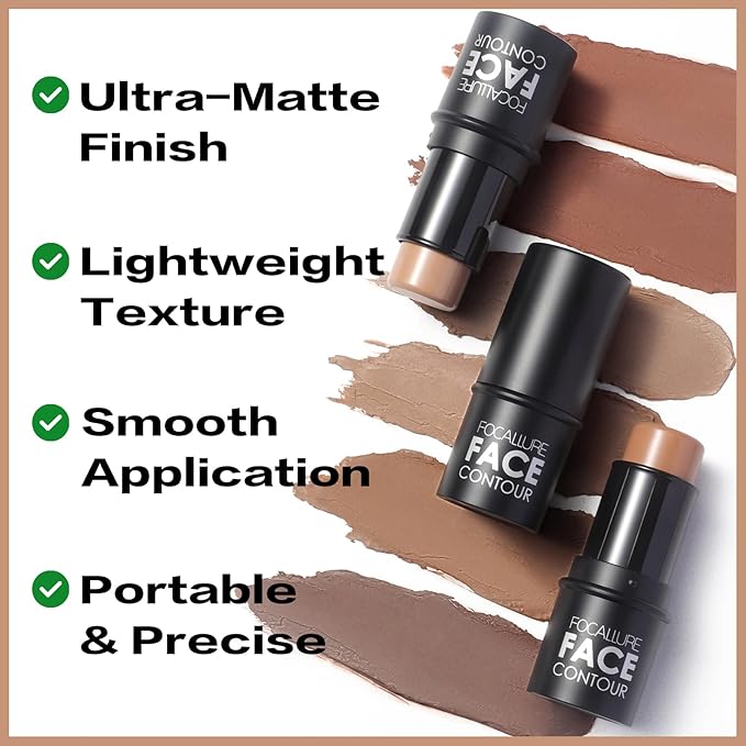 FOCALLURE Cream Contour Stick, Matte Bronzer Stick, Professional Face Shaping & Contouring Stick Makeup, Easy to Apply with Buildable Coverage, Long Lasting & Sweatproof, CIDER
