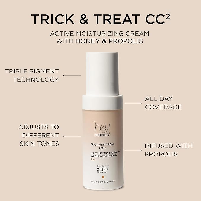 Hey Honey Trick and Treat CC² Cream SPF 46 | Active Moisturizing Color Correcting Cream with Honey & Propolis | Best Cover For Rosacea, Skin Redness & Mature Skin | Cruelty-Free | 1 oz (Fair Tone)