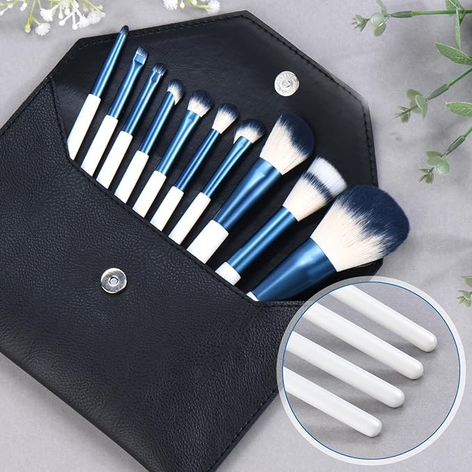 Makeup Brushes Set With Case 10Pcs White Makeup Brush Kit Foundation Eyeshadow Powder Blending Kabuki Eyebrow Eyelash Brushes Cosmetic Brush Travel Kit Gift (White+Blue)