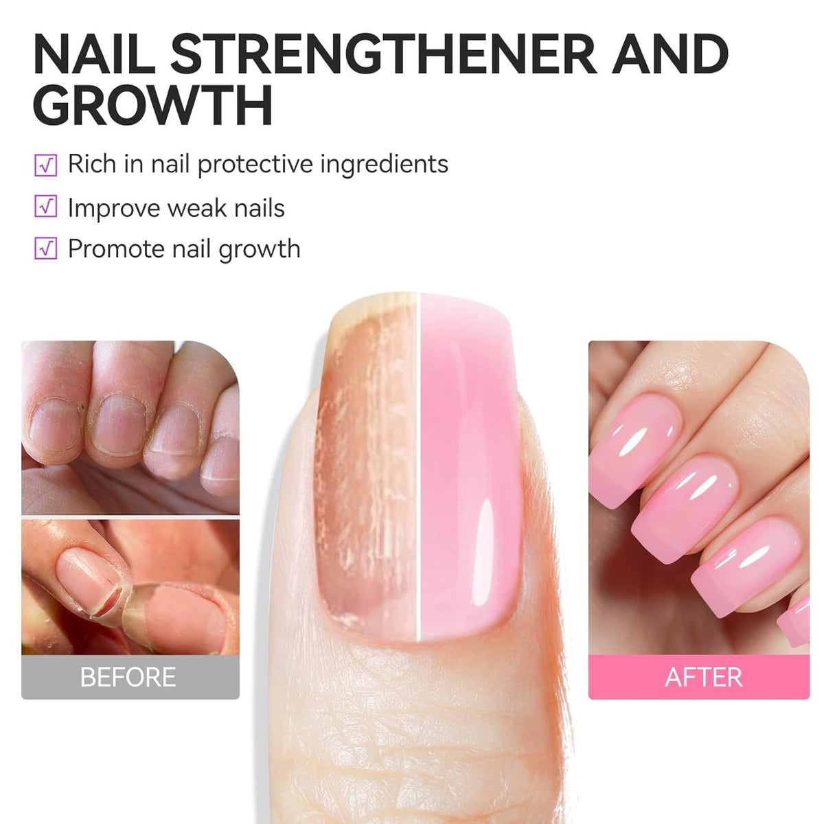 Nail Polish Strengthener and Growth Treatment: Pink Gelike EC 6 in 1 Natural Nail Hardener Extra Strong and Growth - Long Lasting Nail Repair for Damaged Nails - For Daily Work Home Salon