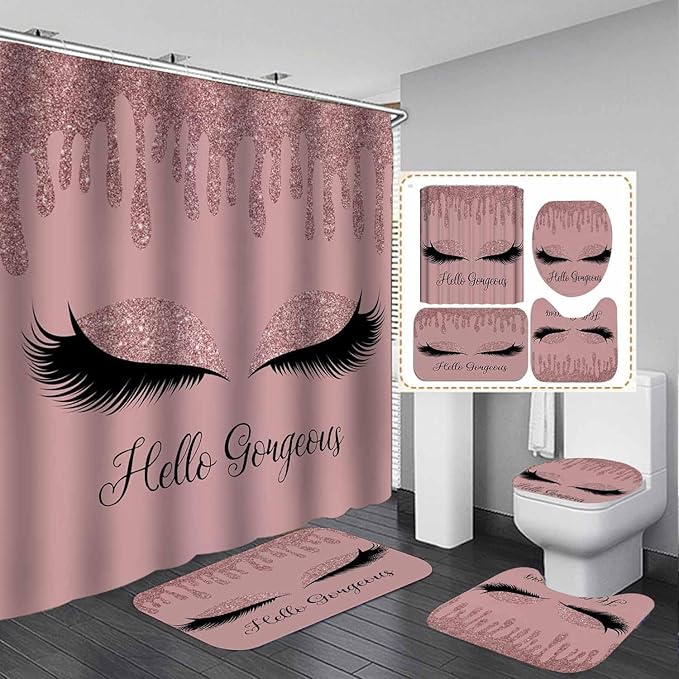 4PCS Rose Gold Glitter Hello Gorgeous Shower Curtain Set, Bling Unicorn Eyelash Makeup Glam Fashion Girly Teenage Girls Women Pink Bathroom Decor, Fabric Shower Curtain, Bath Mat Toilet Rug