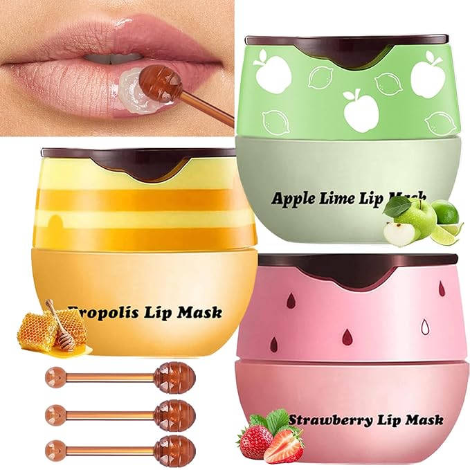 3 PCS Lip Balm Honey Pot, Honey Apple Strawberry Lip Masks Overnight, Propolis Moisturizing Lip Sleeping Mask, Prevention Dry Crack Lip Repair Nourishes the Lip Skin and Lip Wrinkle Care.