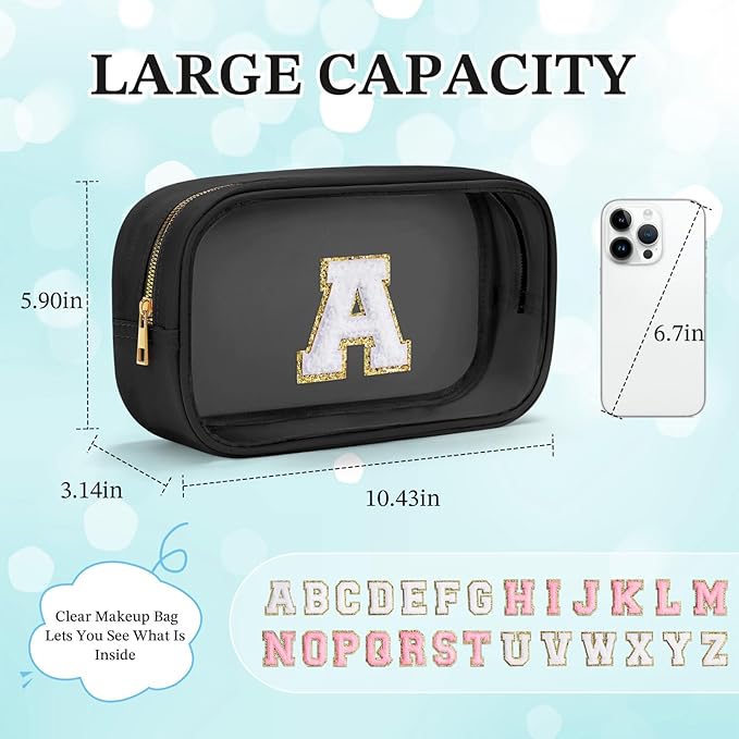YOOLIFE Initial Make Up Bag Travel Toiletry Bag for Women, Clear Makeup Bag Organizer Cosmetic Bags Travel Essentials Gifts for Women Teen Girlfriend Teacher Mom Birthday Mothers Day Gifts Black I