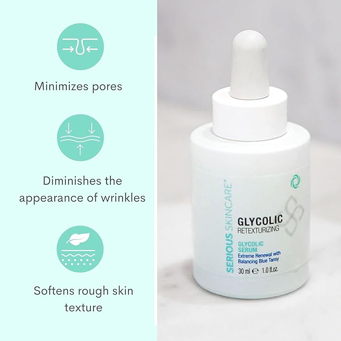 Serious Skincare Glycolic Skin Renewal Set - Retexturizing Serum - Facial Moisture Cream - Face Wash Cleanser - Balancing Blue Tansy Extract - Improve Appearance of Lines, Wrinkles and Enlarged Pores