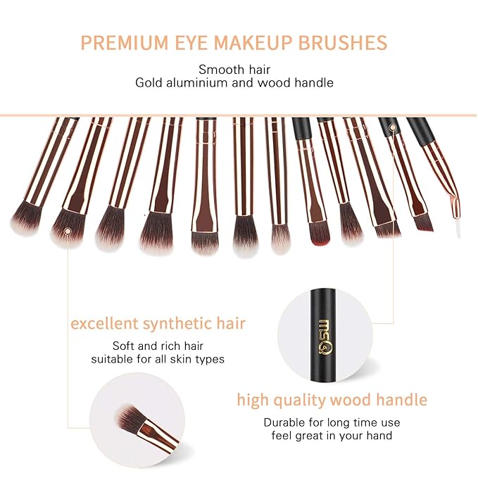MSQ Eyeshadow Brushes 12pcs Eye Make Up Brush Set with Bag (PU Leather Pouch) Soft Synthetic Hairs for Eyeshadow, Eyebrow, Eyeliner, Blending, Best Gifts - Rose Gold