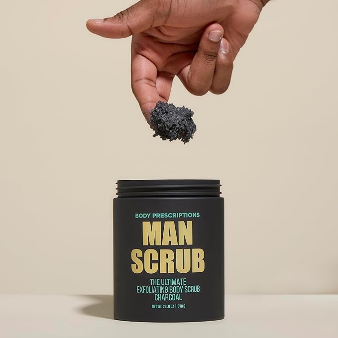 Body Prescriptions Men’s Exfoliating Body Scrub – Ultimate Skin Cleansing Wash in Jar with Twist-Top Lid, For All Skin Types, 21 Ounce (Pack of 4), Charcoal