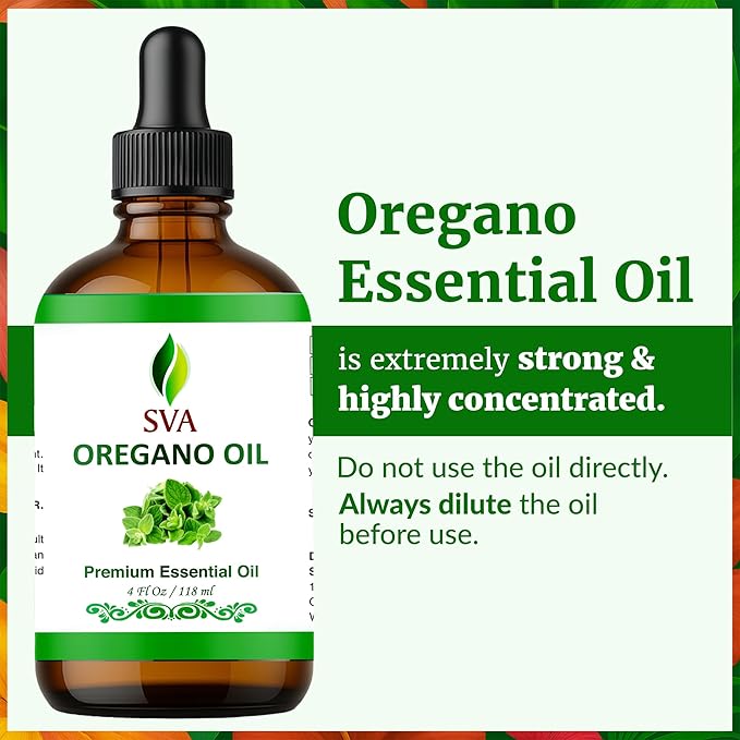 SVA Oregano Essential Oil – 4 Fl Oz – 100% Natural Oregano Oil - for Diffuser, Hair Care, Face, Skin Care, Aromatherapy, Scalp and Body Massage, Soap and Candle Making – with Dropper