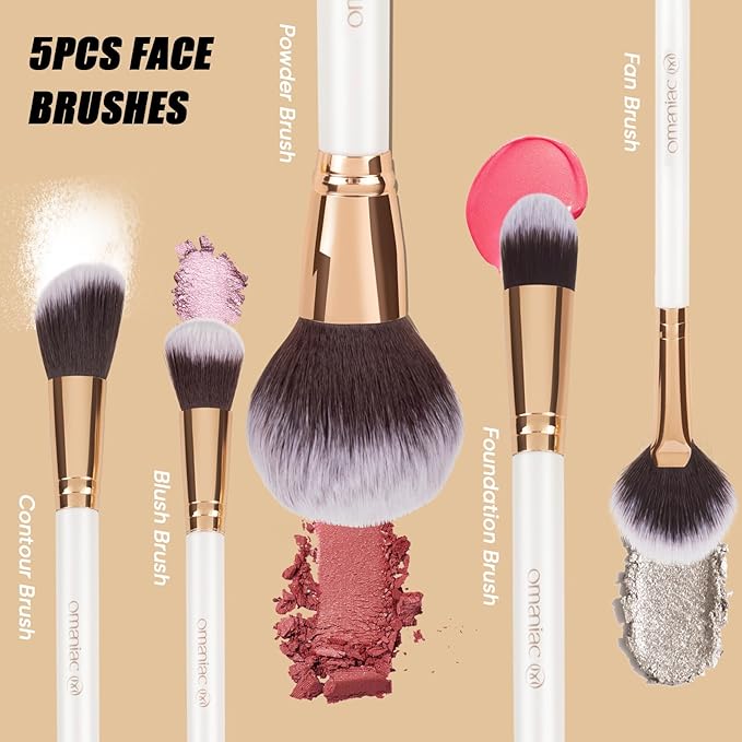OMANIAC Makeup Brush Set Professional, 12 Pearlescent Wood Handle Makeup Brushes, Premium Cruelty-Free Synthetic Fiber Hair, Travel Make up Brushes Set with Case (White).